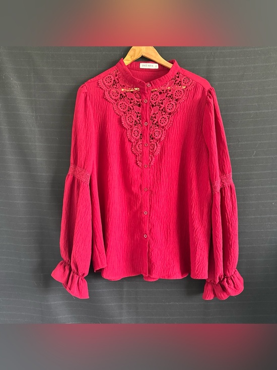 Grace Karin Tops - Grace Karin Womens Plus Red Long Puff Sleeve Lace Detail Blouse Shirt Top 2XL